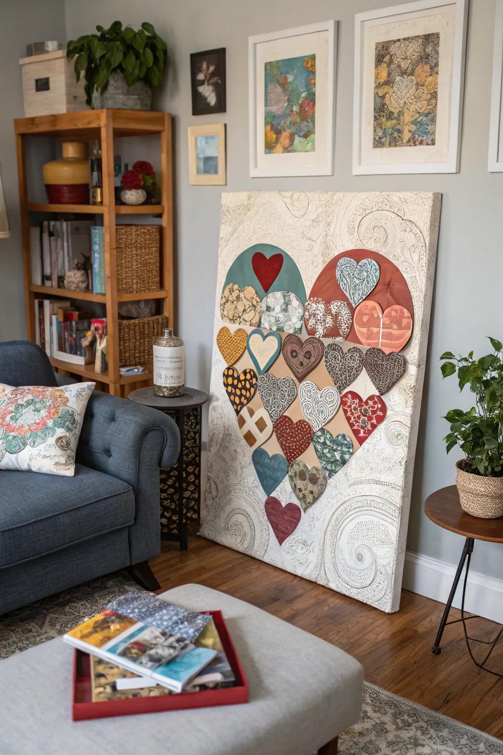 Heart collages introduce texture and variety to the decor.