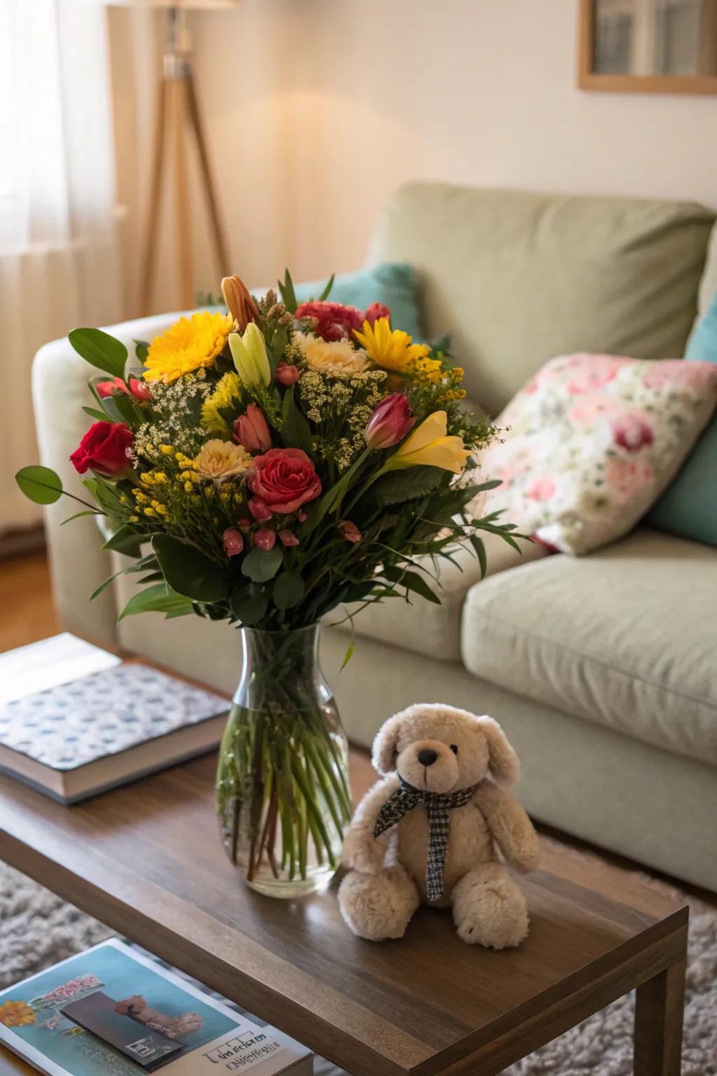 Arrangement with a plush toy infusing extra allure.