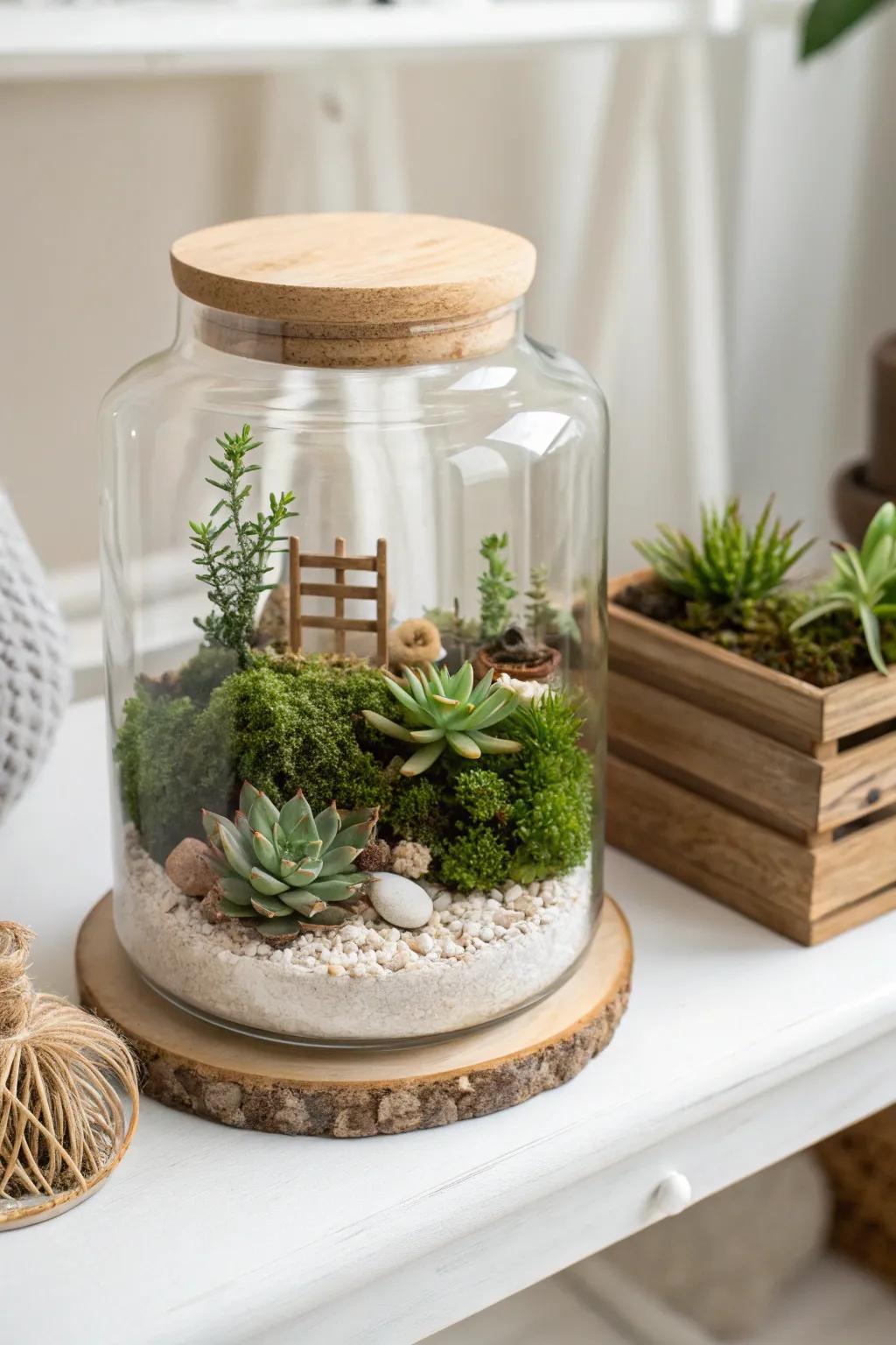 Bring nature indoors with a charming miniature garden jar—perfect for adding a serene touch to your Valentine's decor.