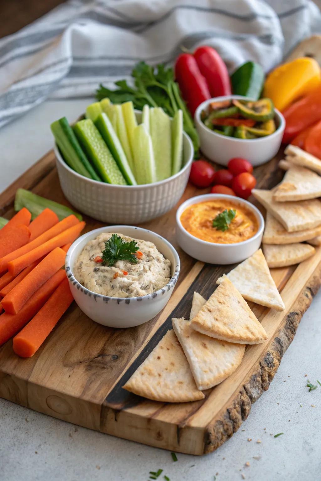 A platter featuring pita bread for a Mediterranean influence.