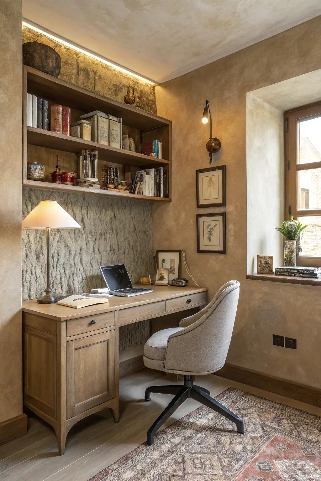 With a sophisticated study area utilizing Venetian plaster, get inspired.