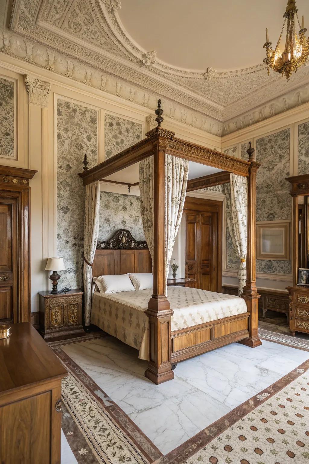 Natural elements like wood and marble contribute authenticity to Victorian design.