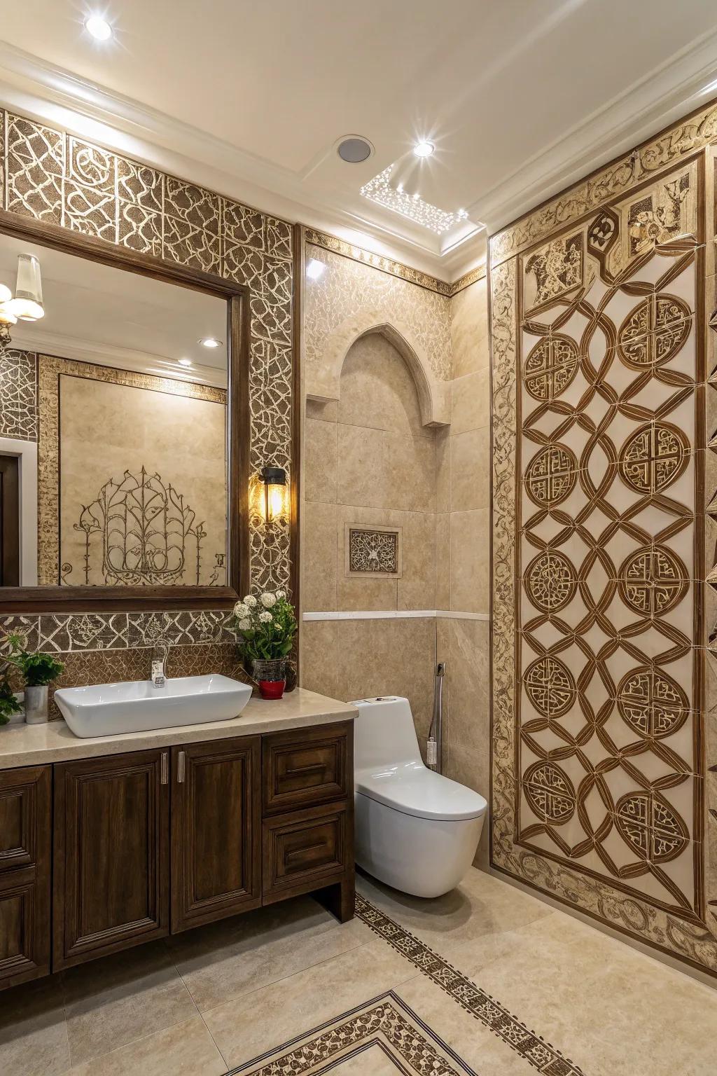A display wall becomes an eye-catching centerpiece within the bathroom.
