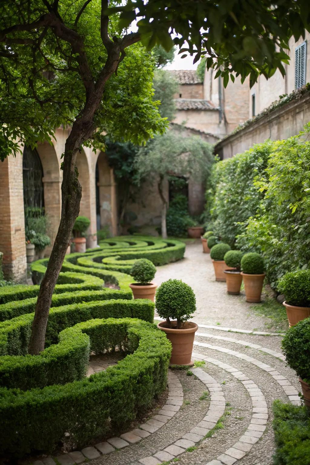 A potted plant pathway labyrinth encourages periodic renewal.
