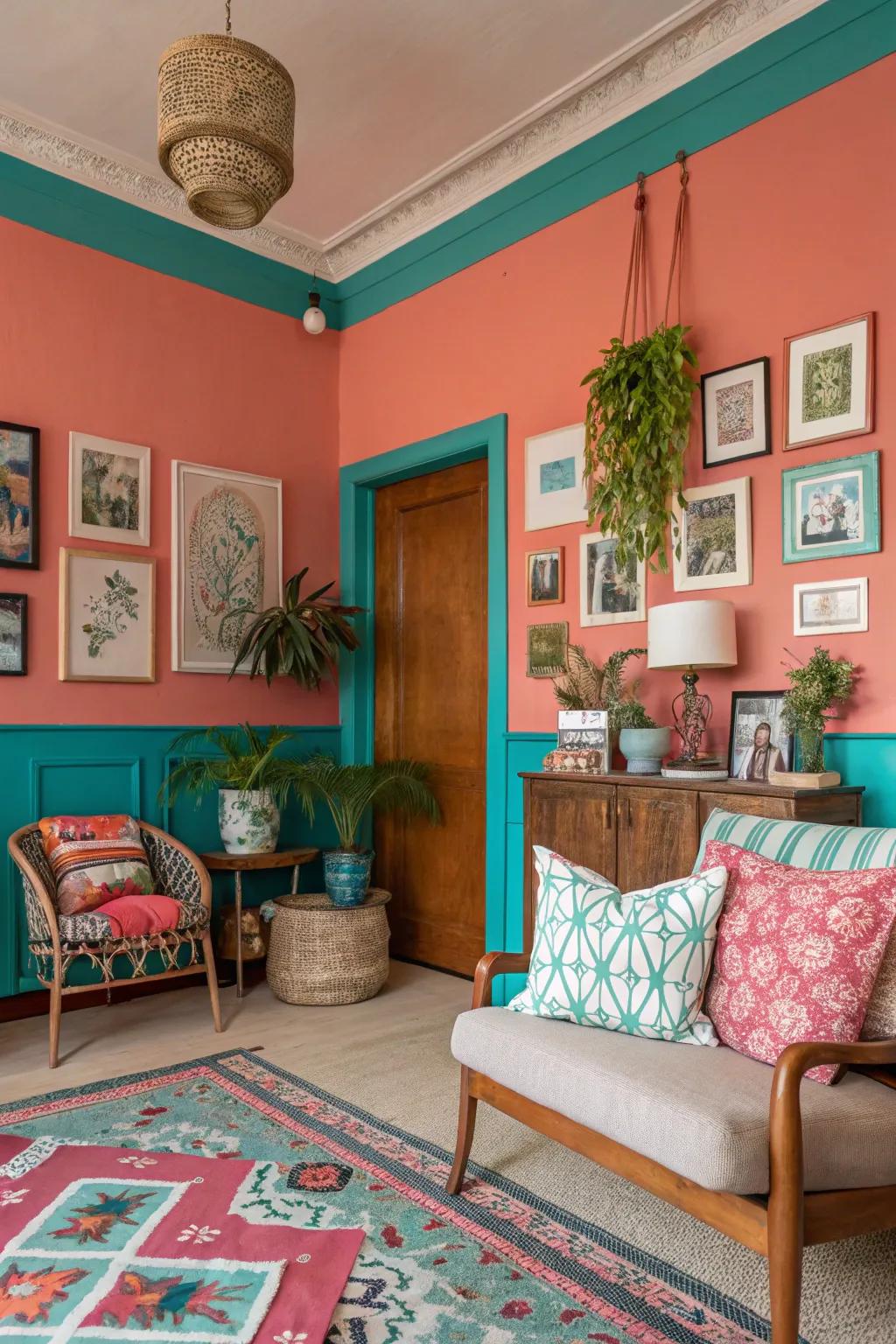 Bold and colorful with salmon walls and lagoon trim.