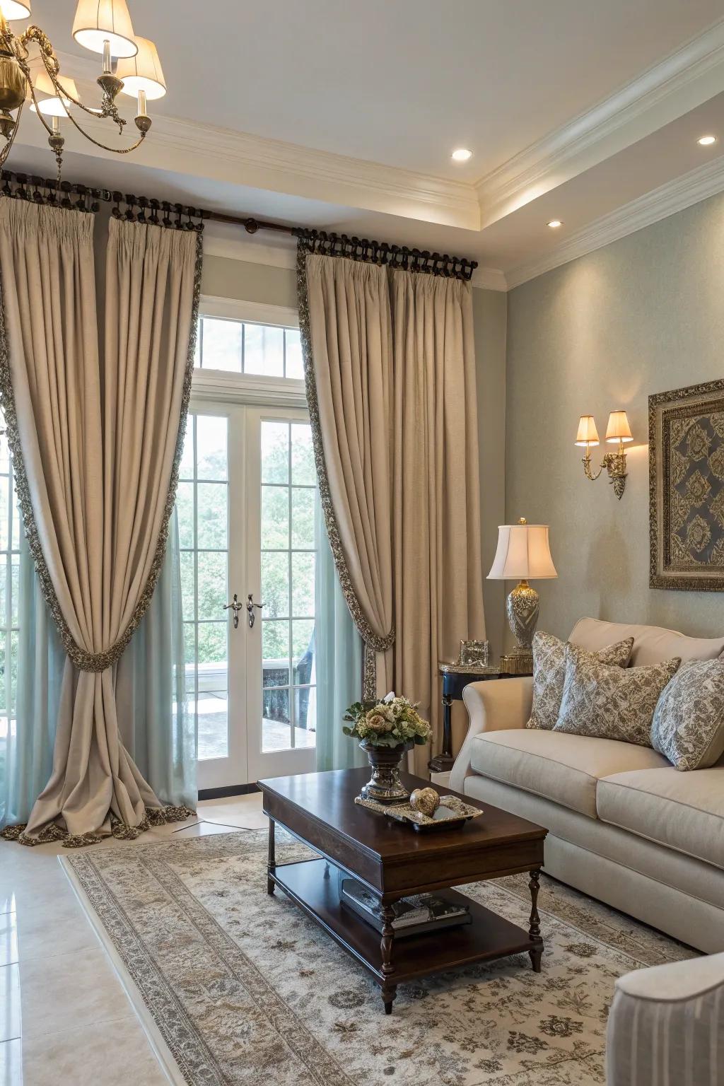 Full curtains add height to a family room.