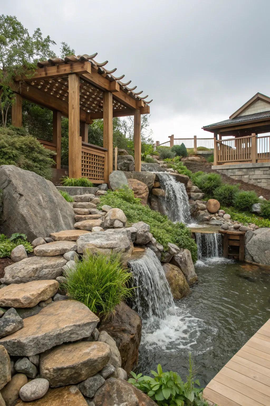 Wood and rock facets fashion a balanced and harmonious waterfall.