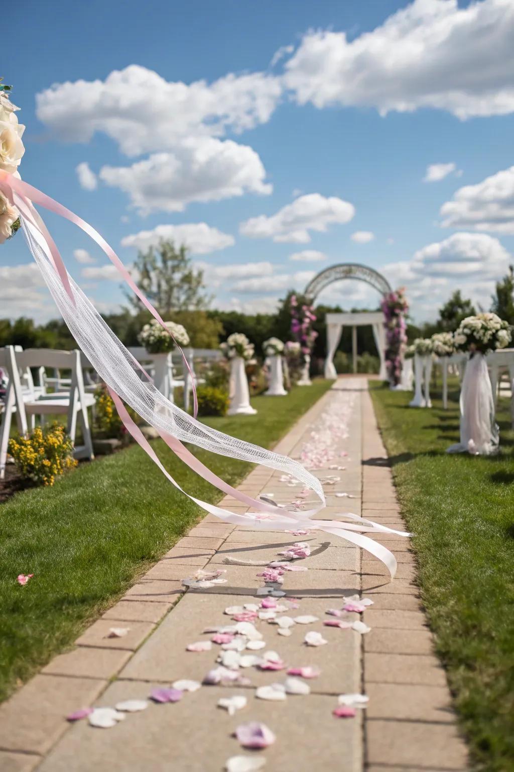 Flowing ribbons infuse an ethereal and vibrant feature into the aisle.