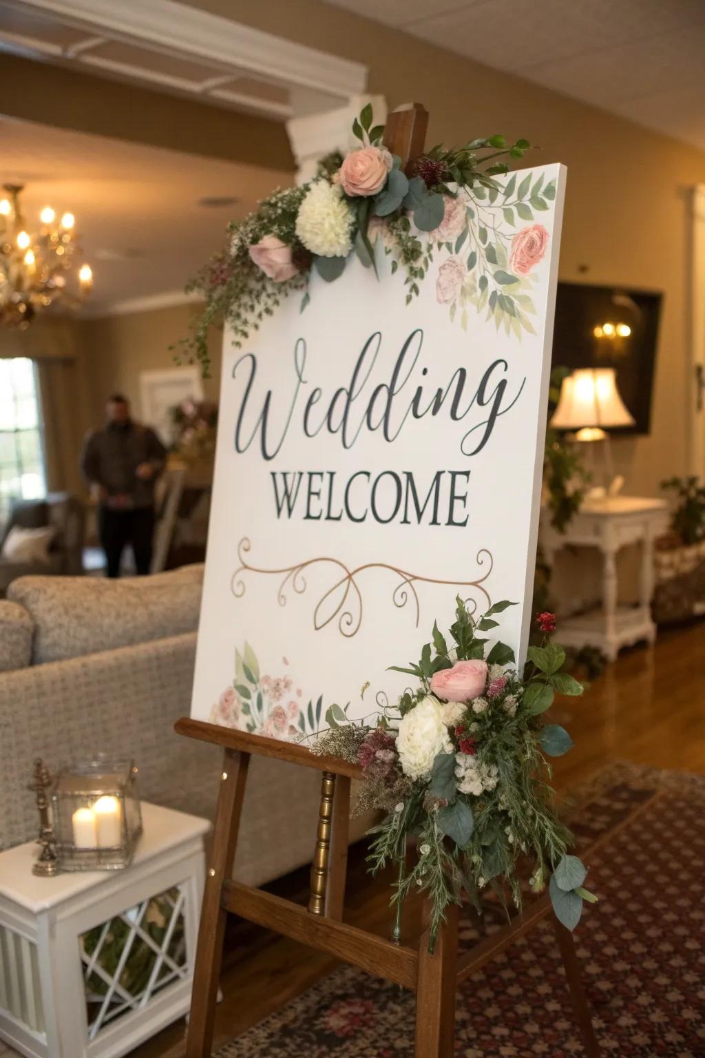 A welcome sign featuring custom artwork, adding a personal touch to any wedding.