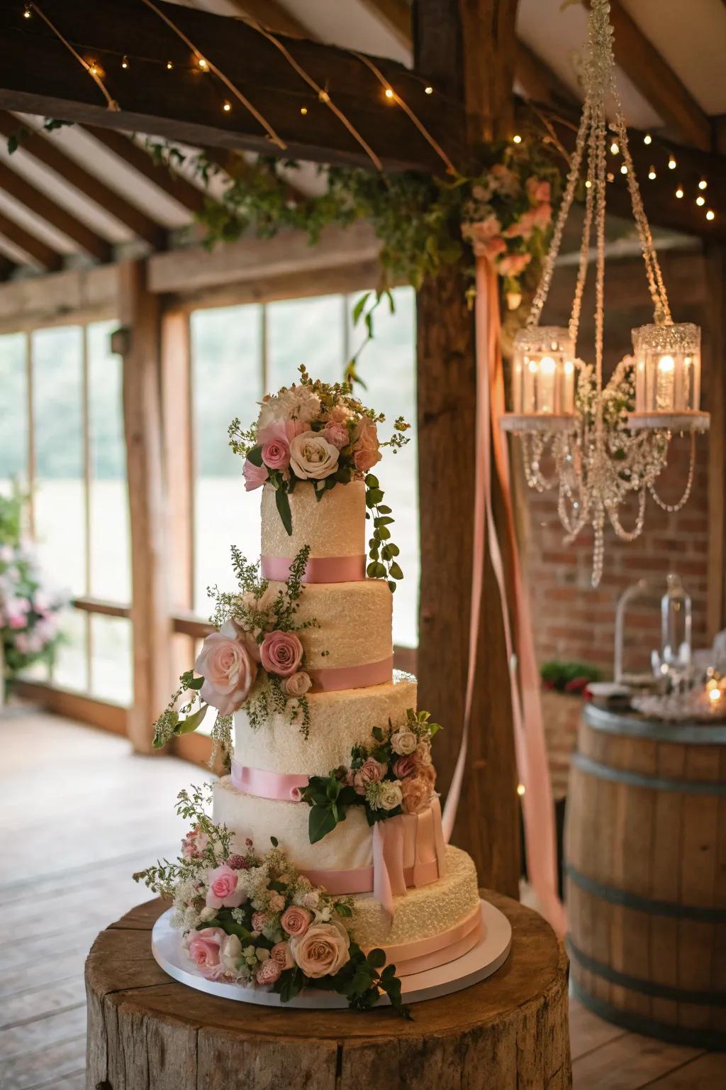 Hovering floral design for a spellbinding cake.