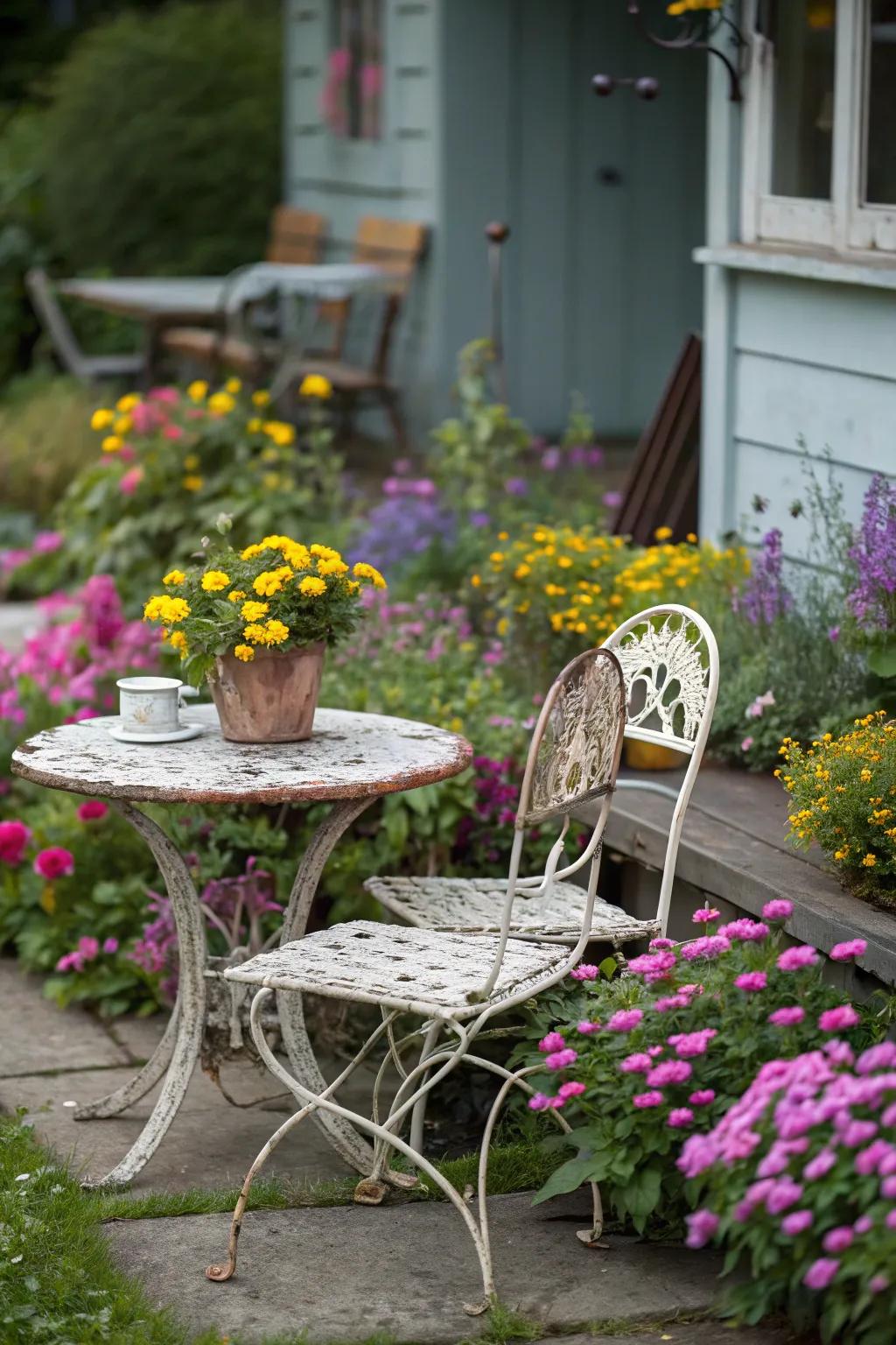 Retro furnishings infuse character and charm into garden expanses.