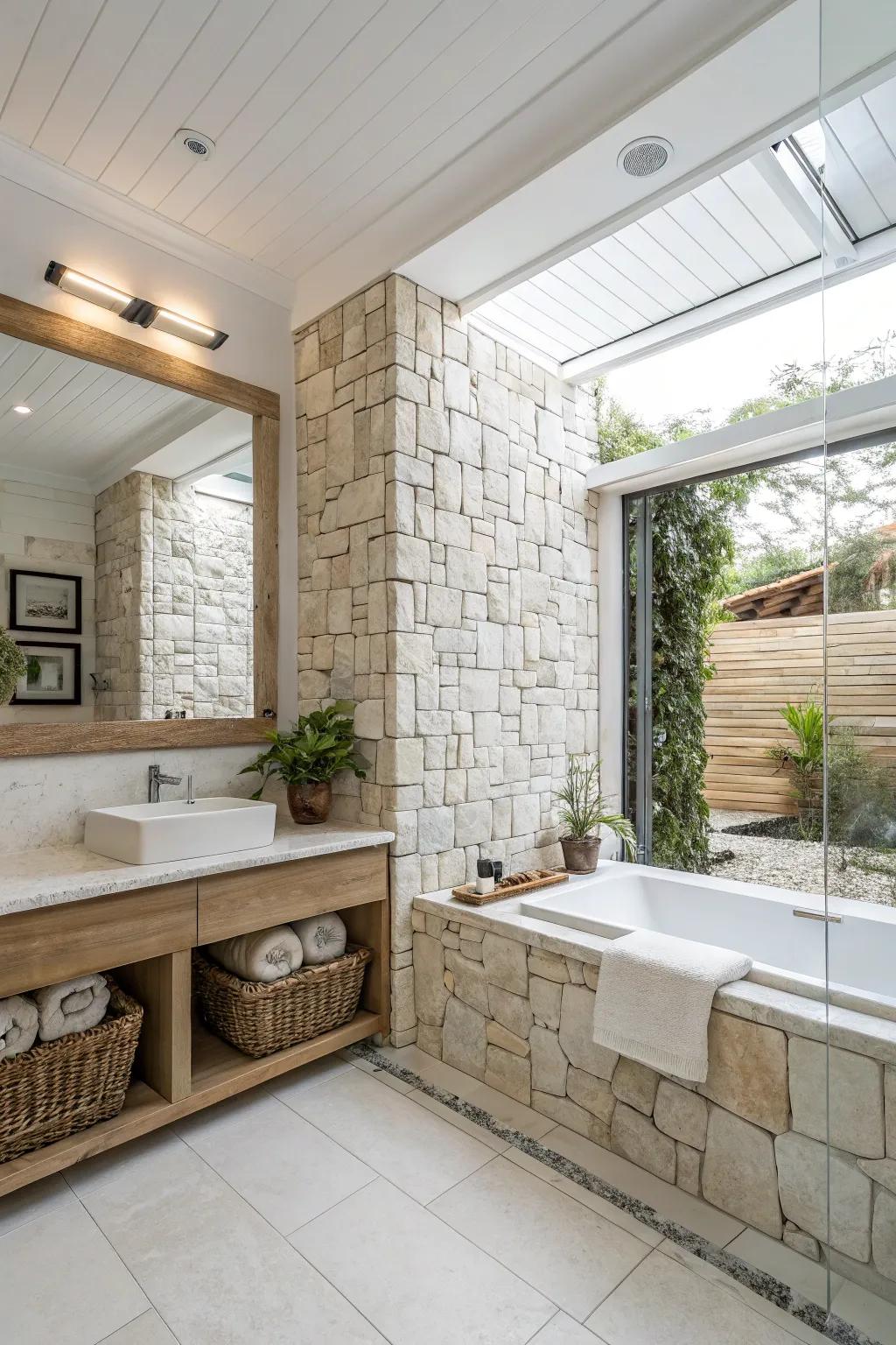 Natural stone complements the elegance of bleached ceramic.
