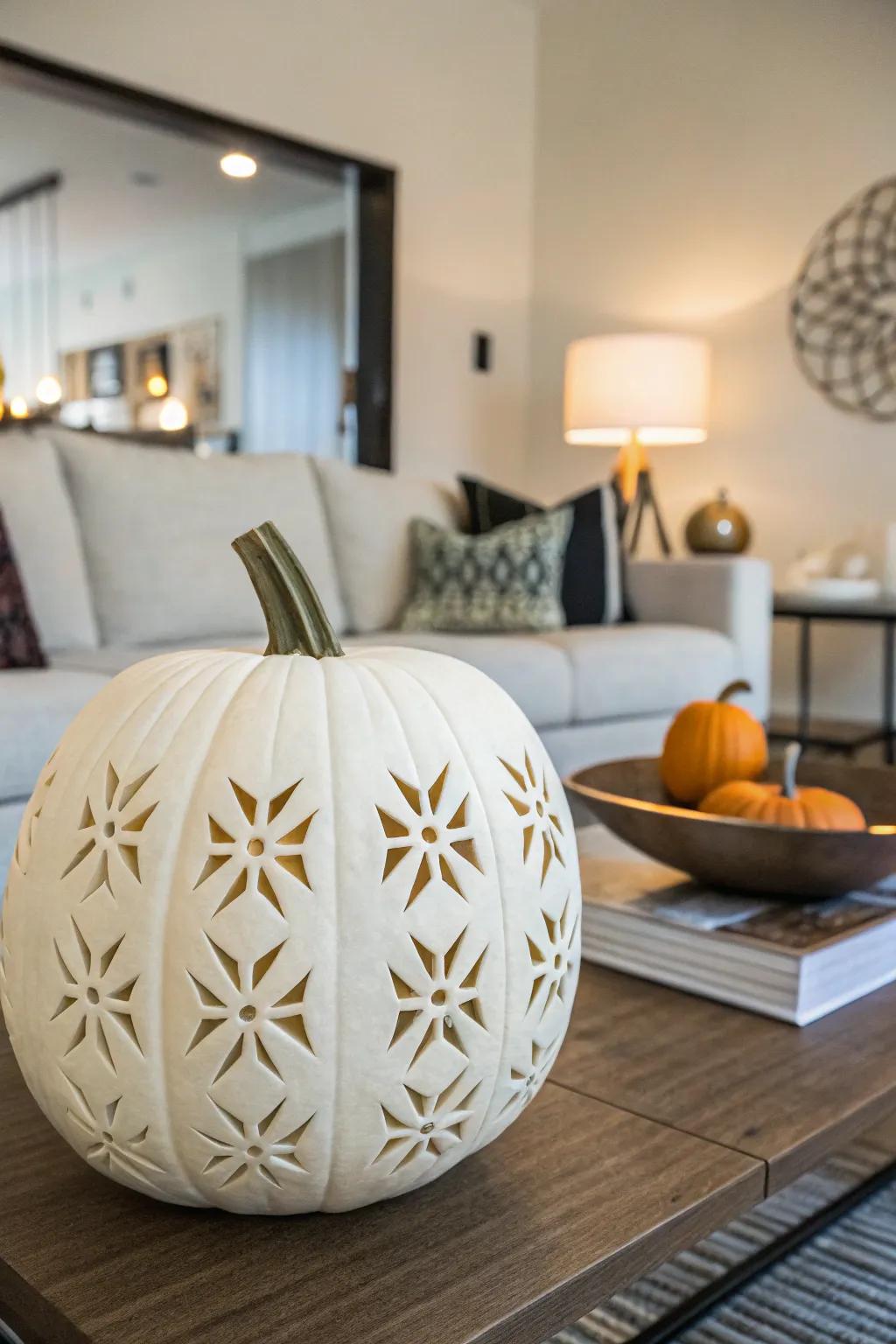 A modern twist on pumpkin sculpting with geometric patterns.