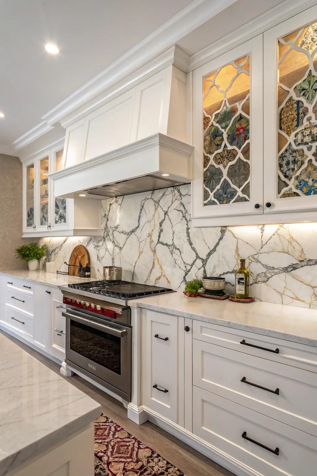 Dramatic stone composite backsplash featuring strong veining for a standout design.