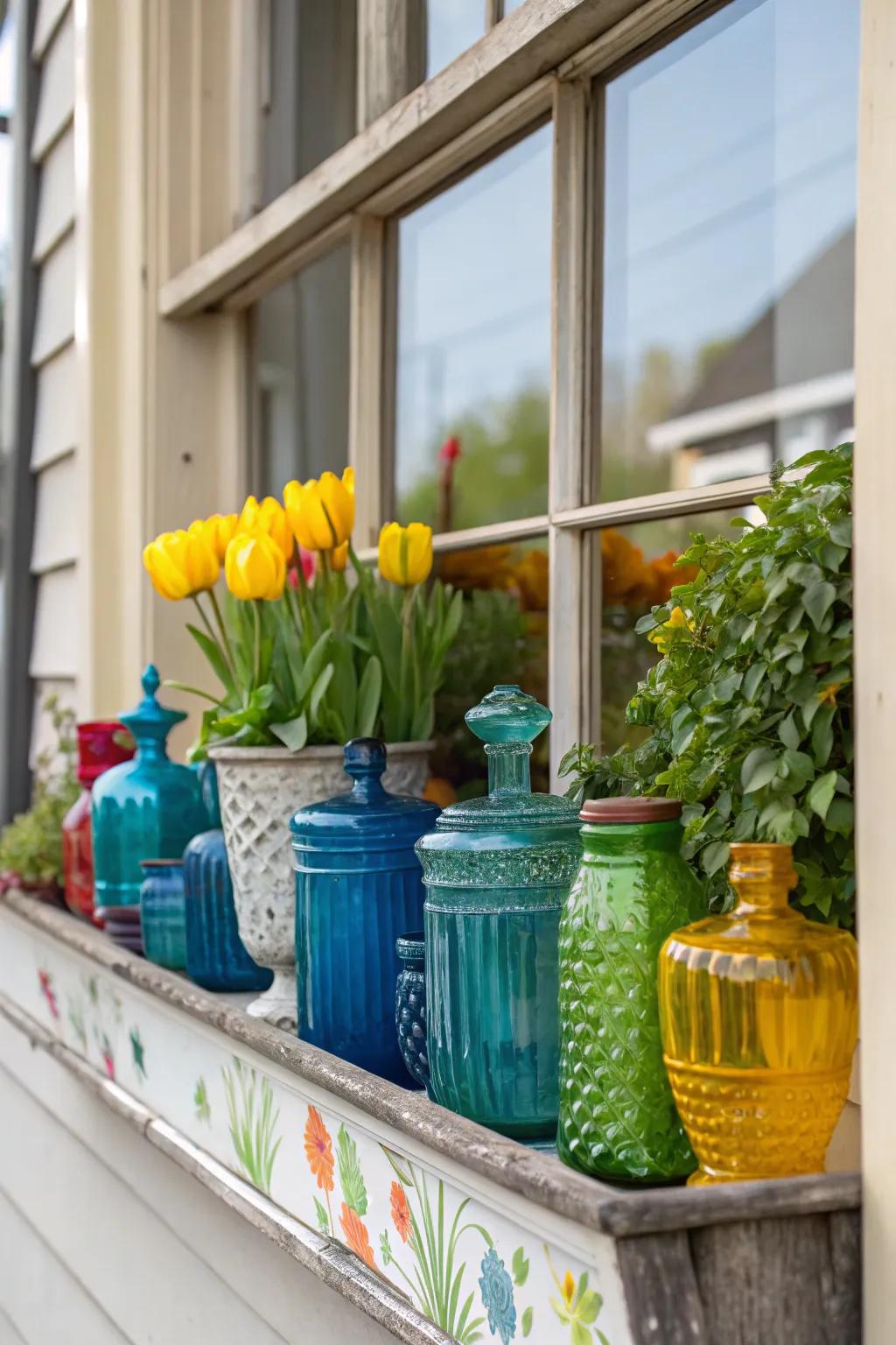 A vibrant grouping of glass vessels within a window box