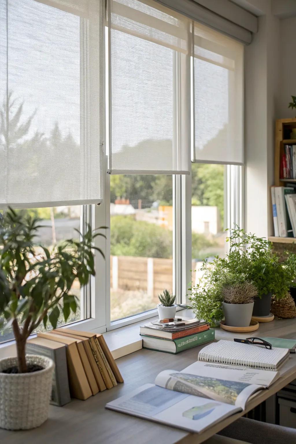 Radiant shades shield interiors from glare while maintaining the view.