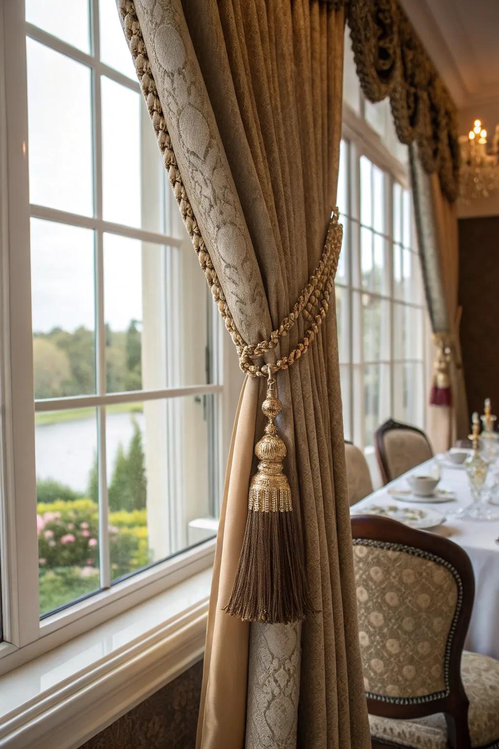 Sophisticated tassels and securing accessories affix refinement to these drape treatments.