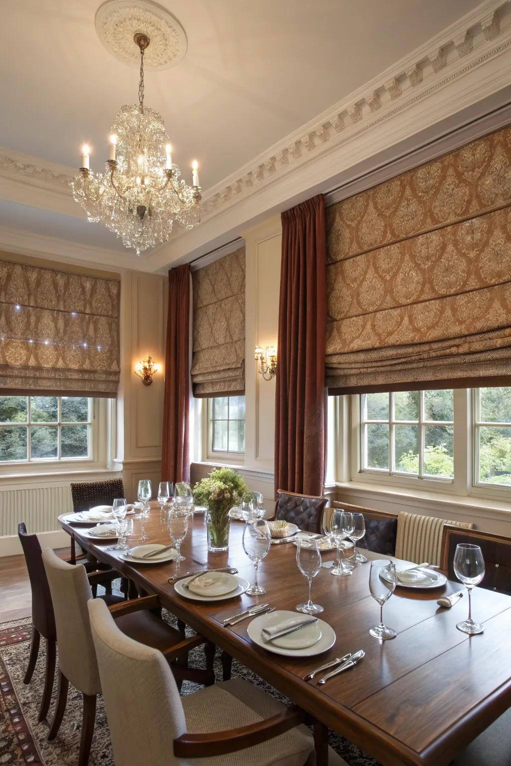 Custom Roman shades add elegance and privacy.
