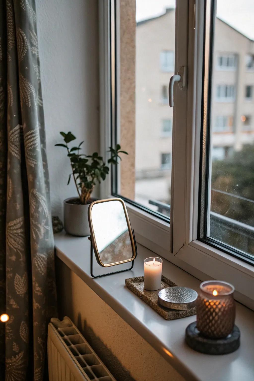 A small mirror on the windowsill adds depth and reflects light.