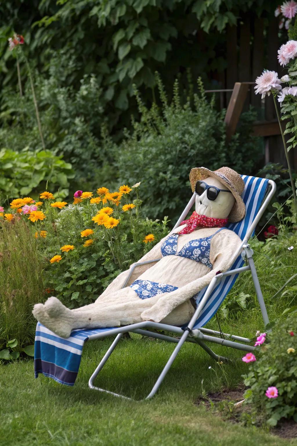 A seashore lounger scarecrow absorbing sunlight.