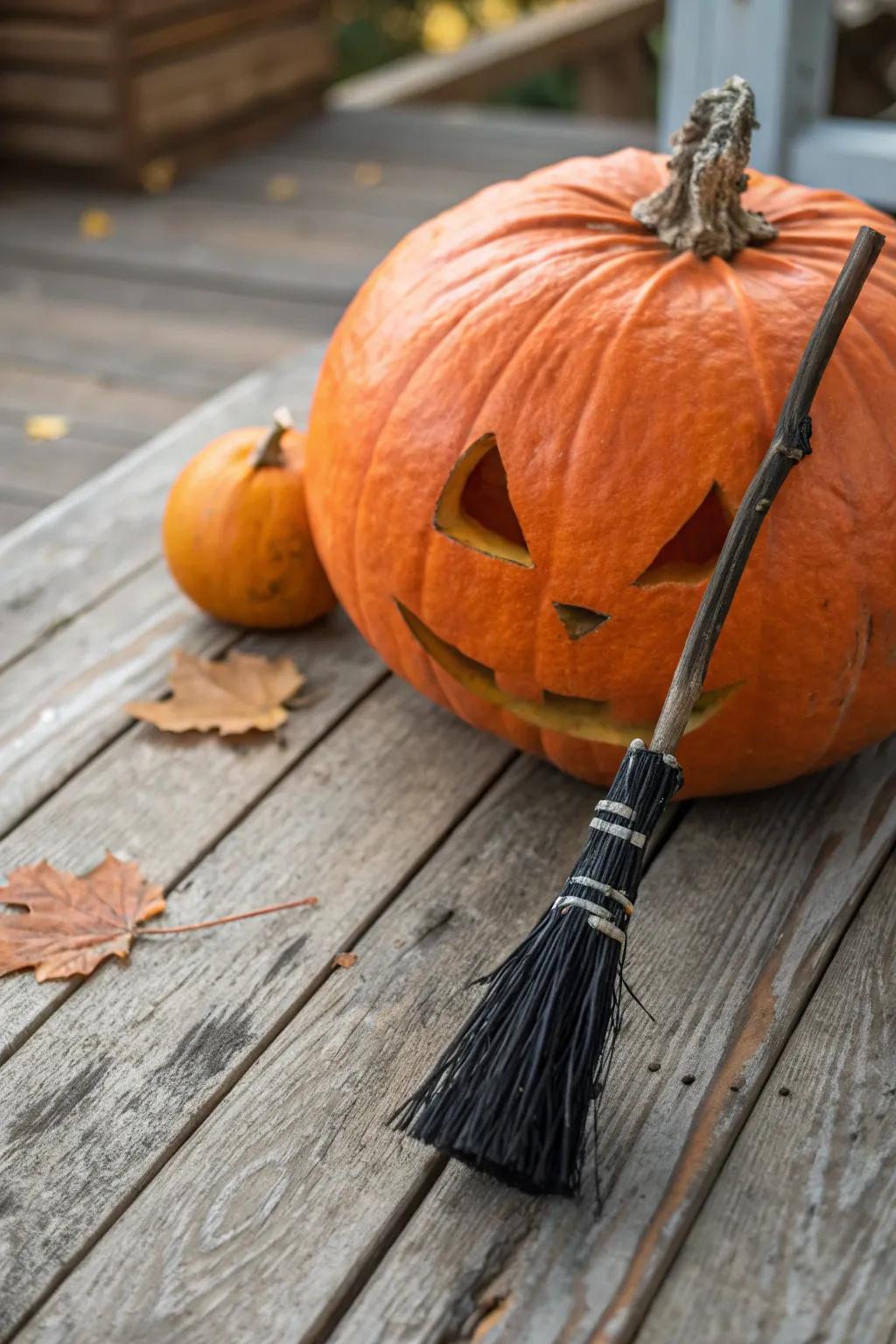 Jack-o'-lantern presented with a charming miniature enchantress besom.