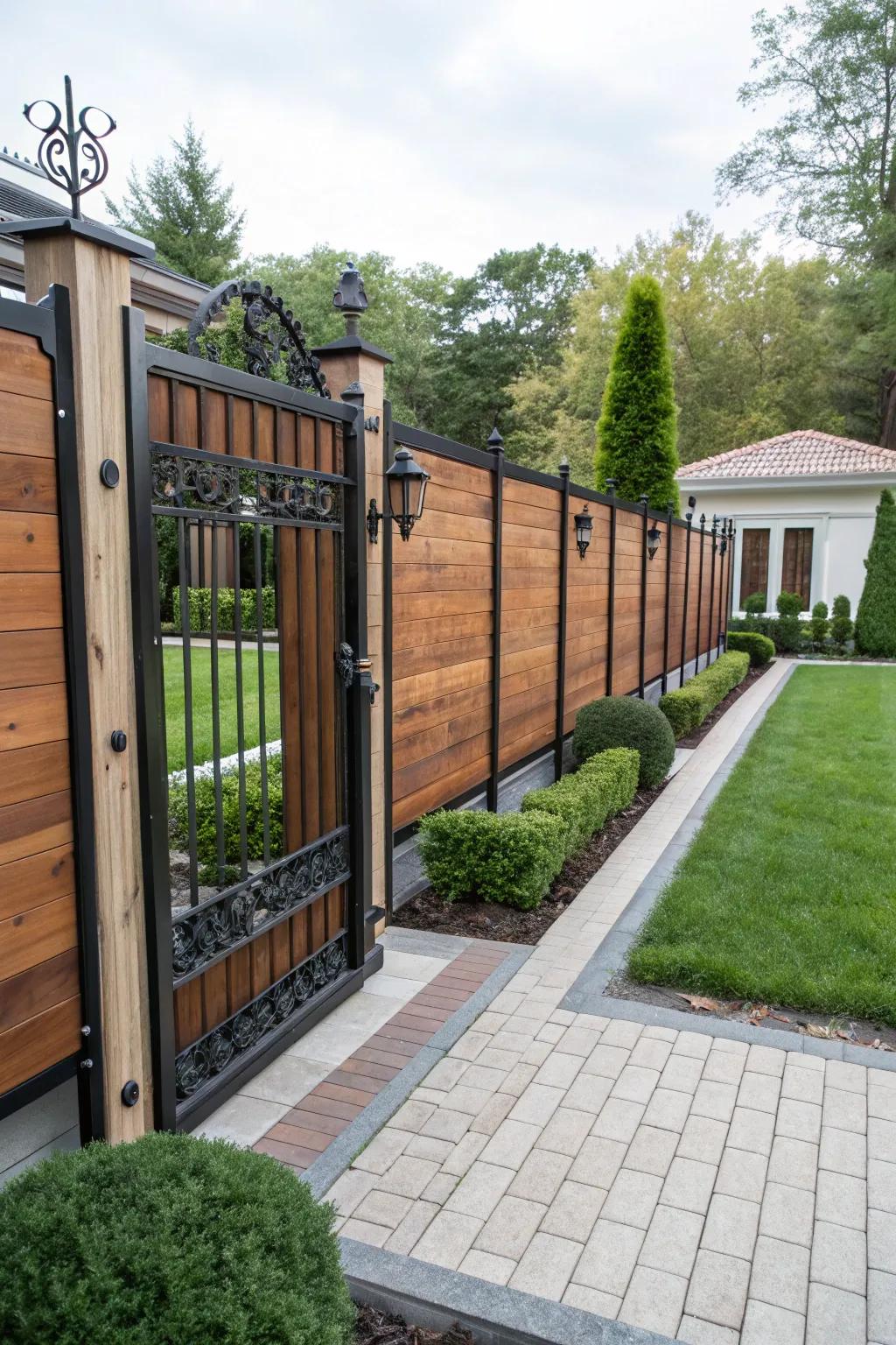 A bold fence with broad wood panels and metal accents.