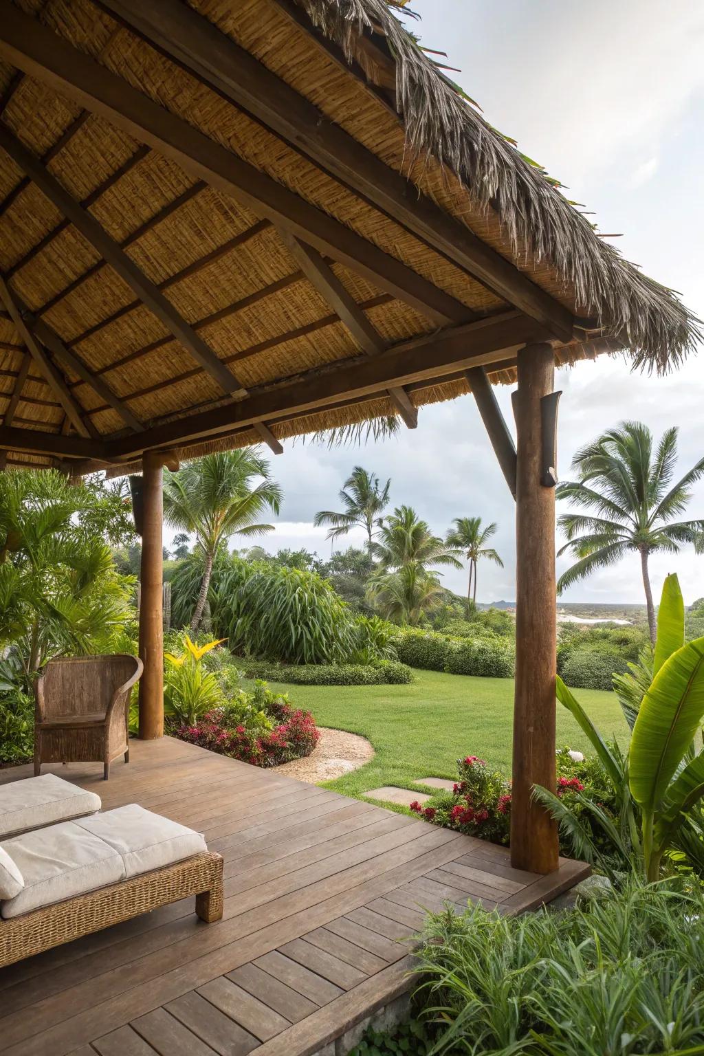 An exotic palm roof adding charm to a patio roof.