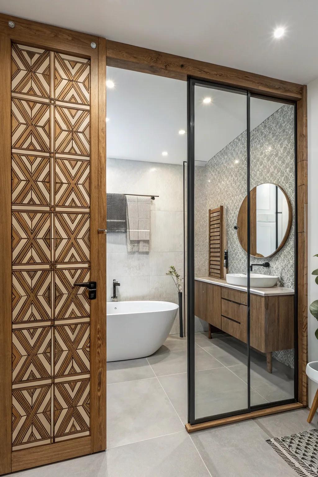 Geometric shapes in wood create a vibrant and modern flair.