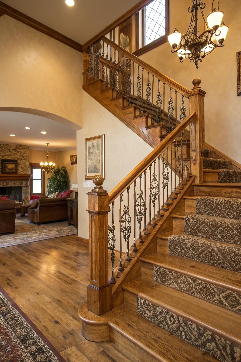 Richness in design: layered wood textures on railings.