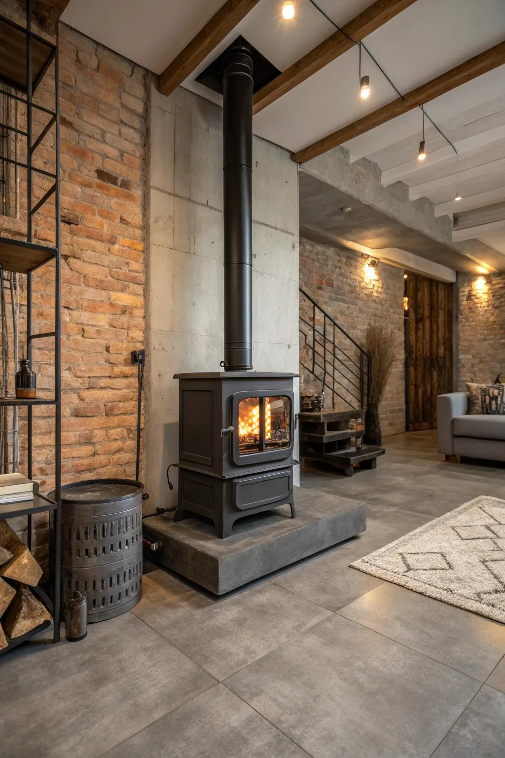 Industrial-style tiles add a raw and edgy look to your wood stove backdrop.