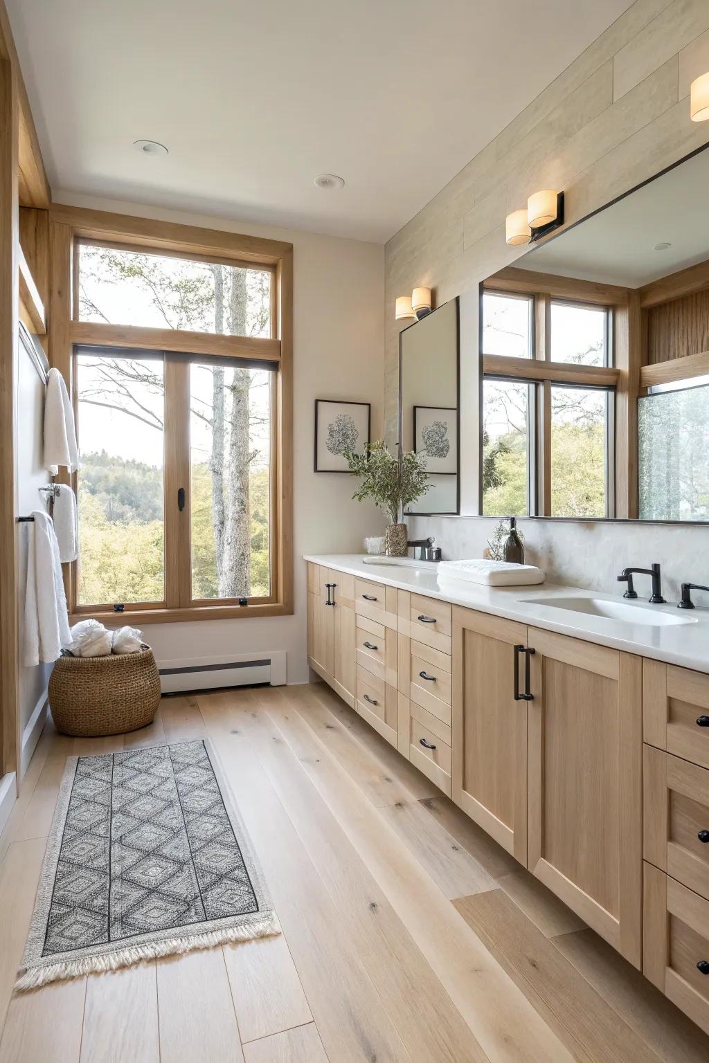 A understated zen bathroom with calming pale wood.