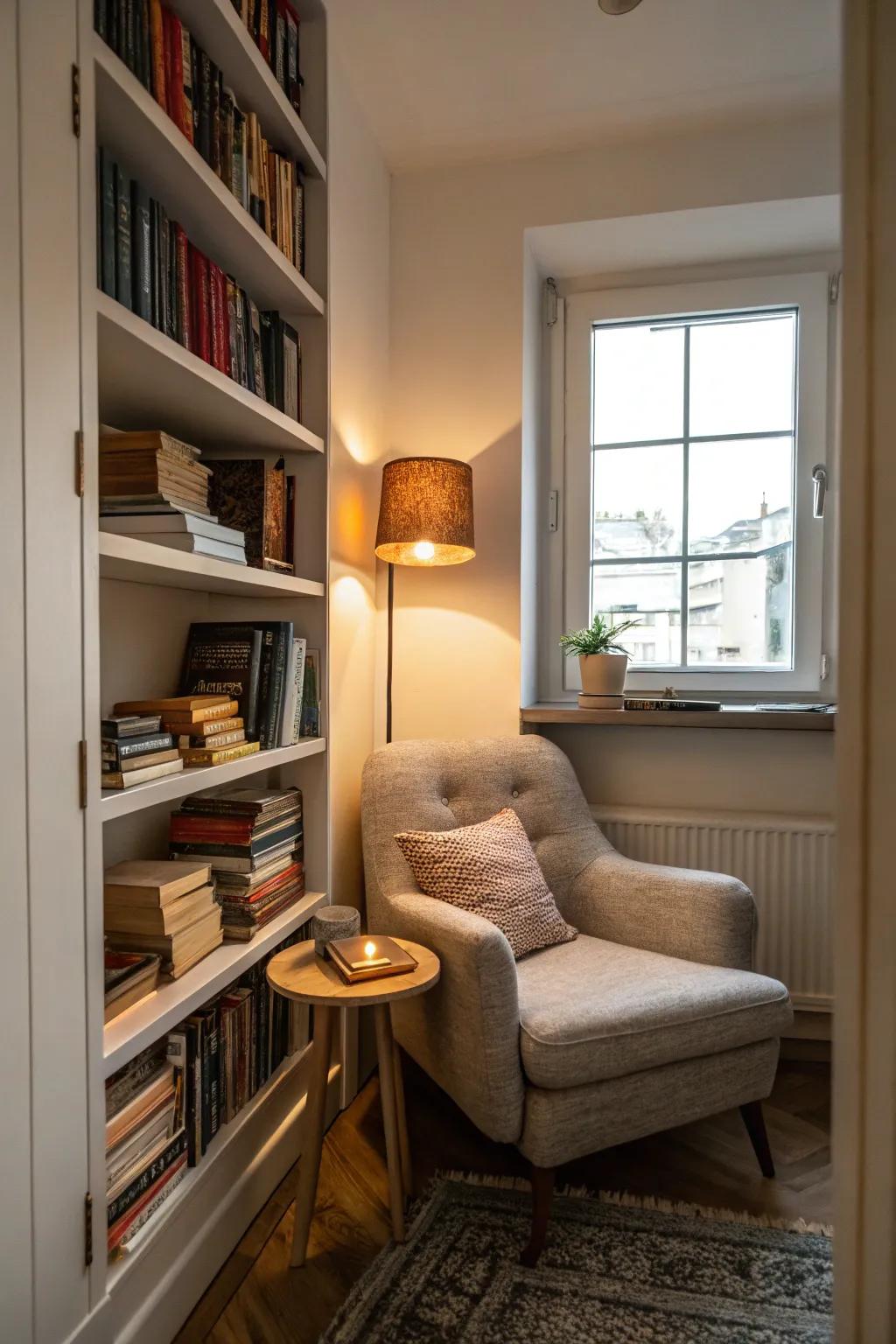 A cozy nook offers a personal retreat right in your apartment.