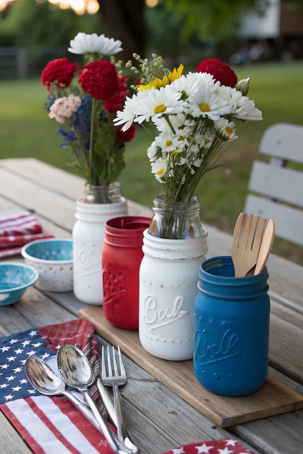 Painted jars serve as creative and colorful accents for your picnic.