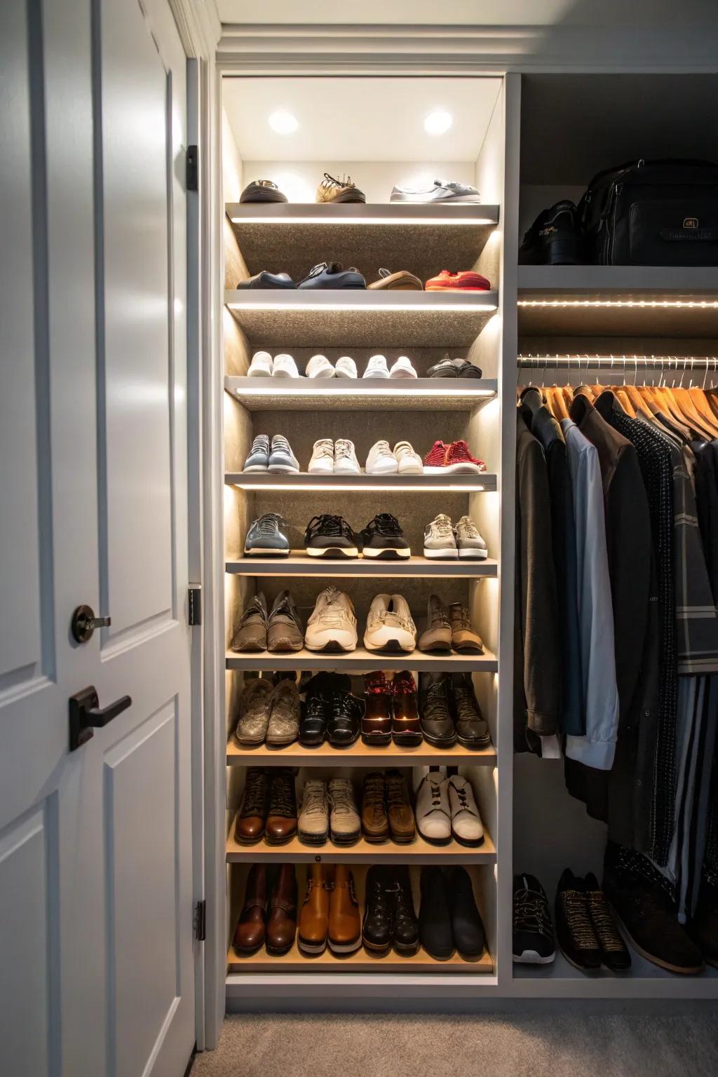 Planned lighting makes closet features stand out.