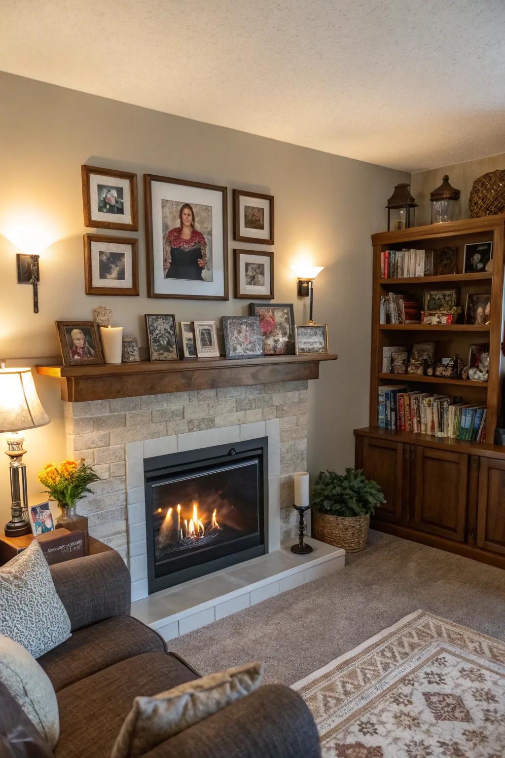 Cherished possessions generate a meaningful and singular display above the fireplace.