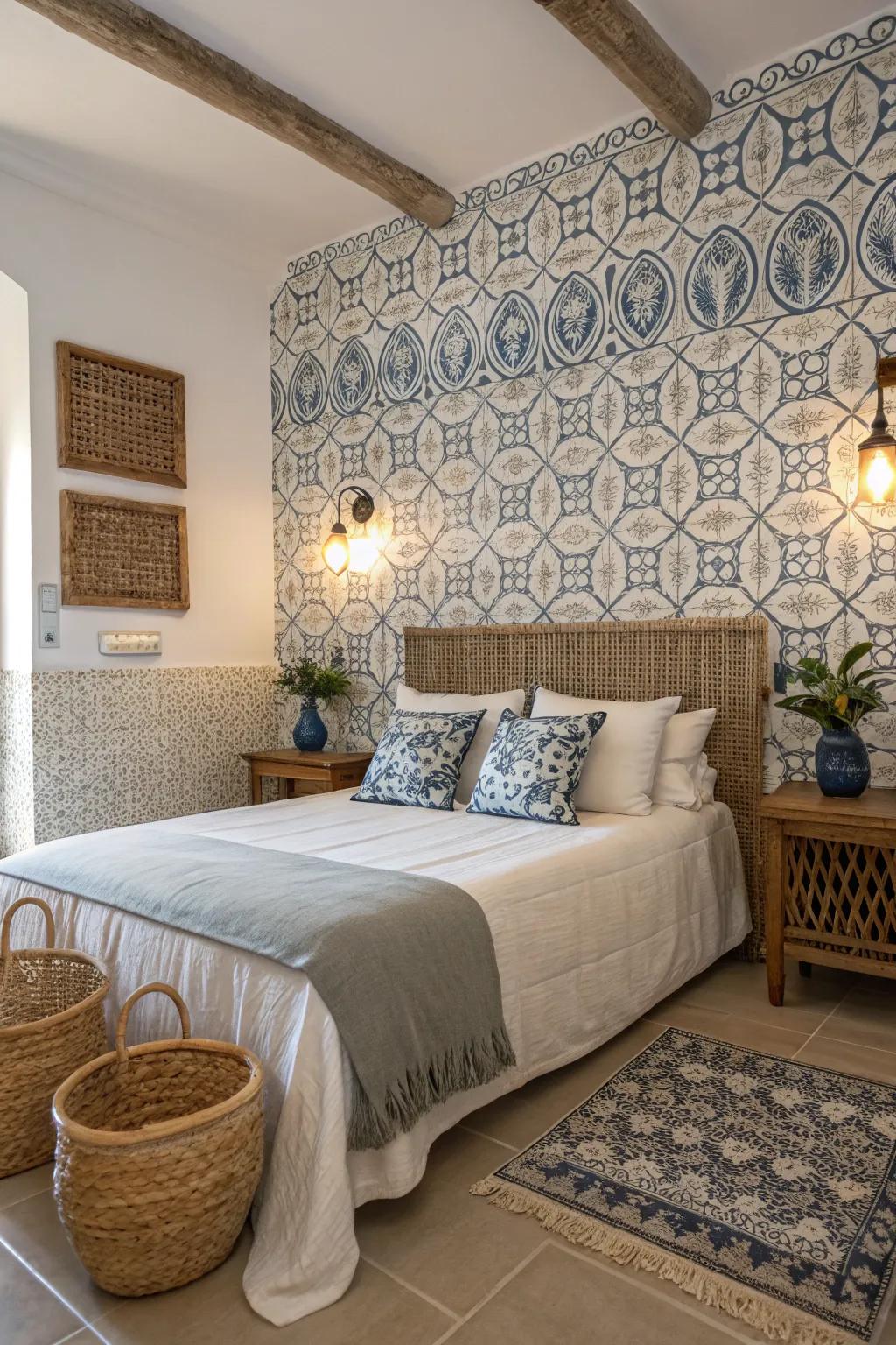Tiles on the wall add material and a Mediterranean feel to the room.