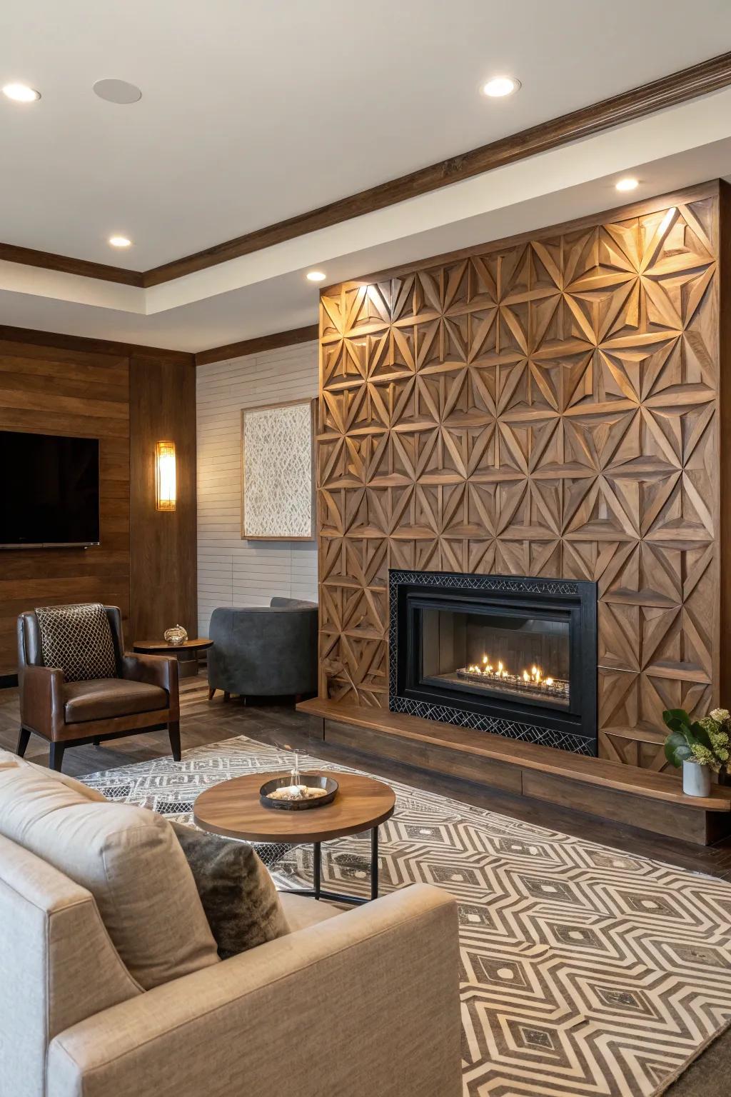 Geometric timber patterns enhance modern appeal.