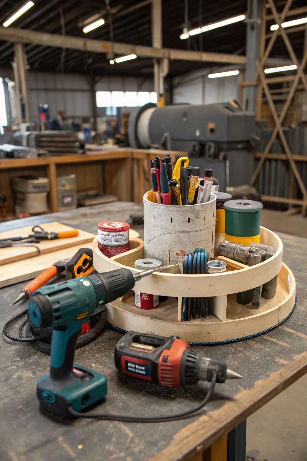 Fun and useful Lazy Susan organizer for easy tool access.