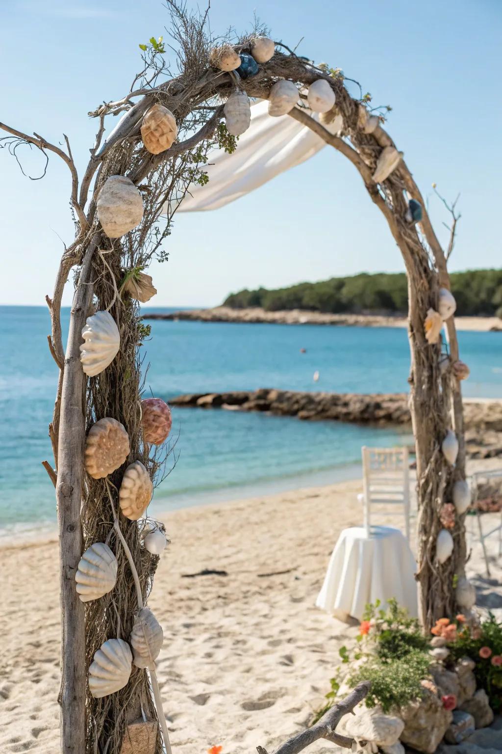 A coastal-themed arch adorned with seashells for a beachy vibe.