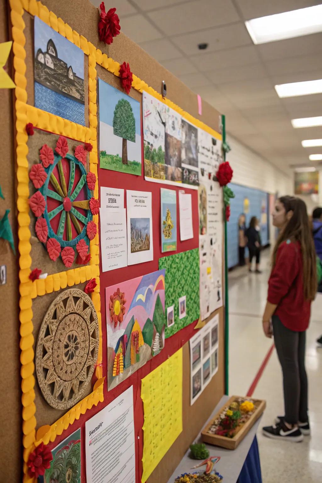 A display board with 3D art installations.