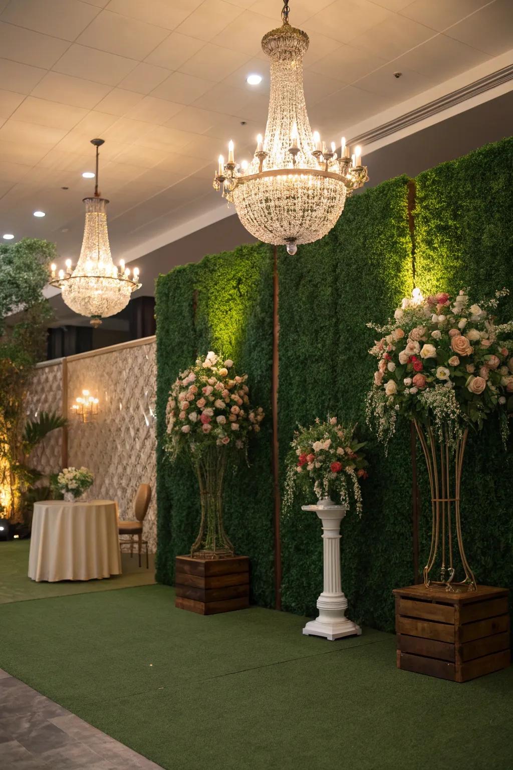 An event setting featuring a striking artificial grass wall backdrop for memorable photos.