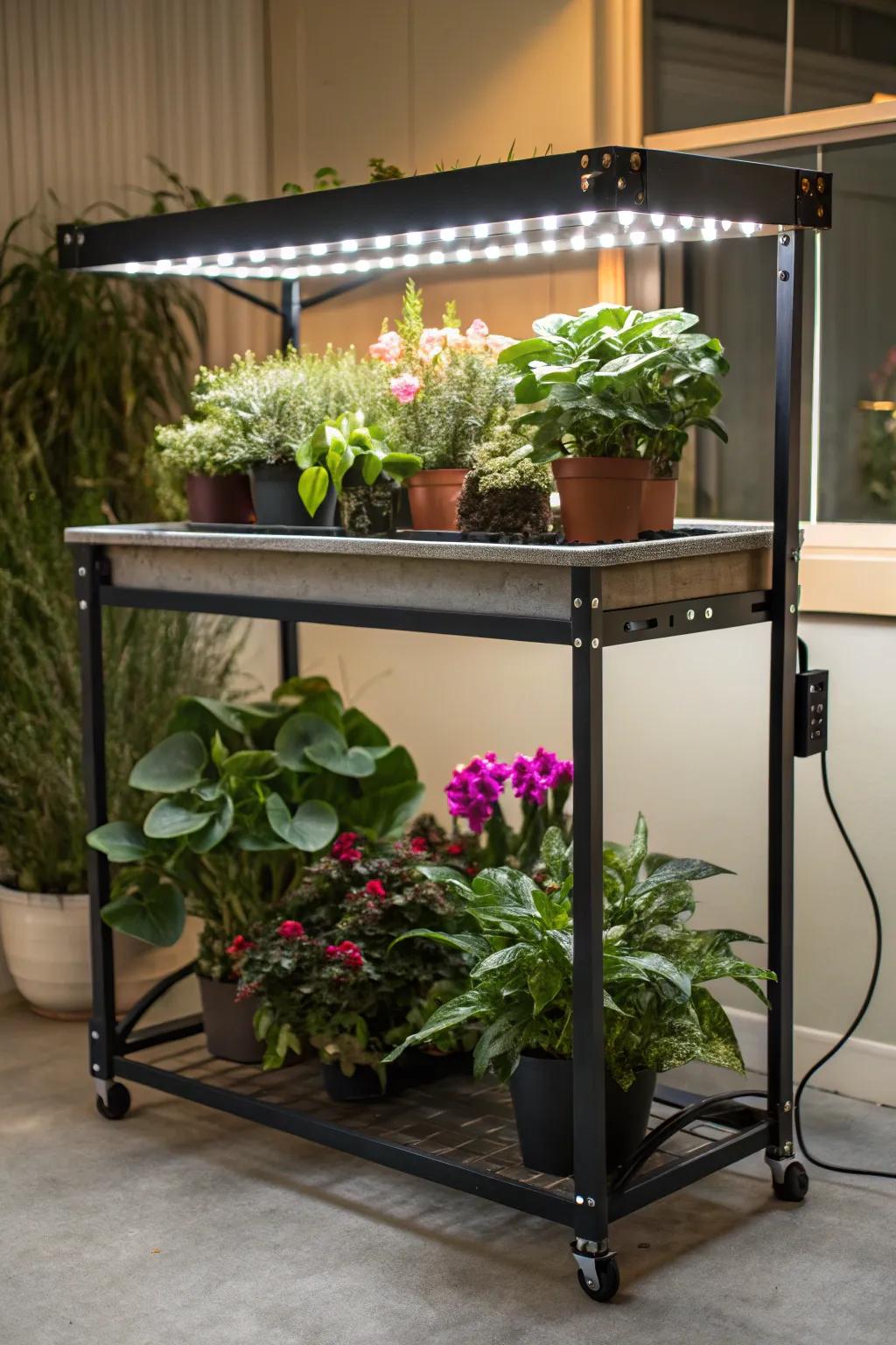 A convertible table, displaying concealed grow lights, for a practical flora presentation.