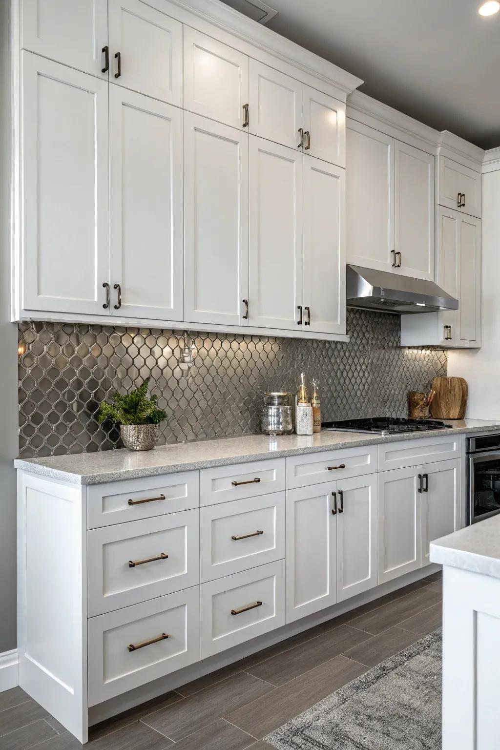 Metallic tiles enhance a bold industrial edge