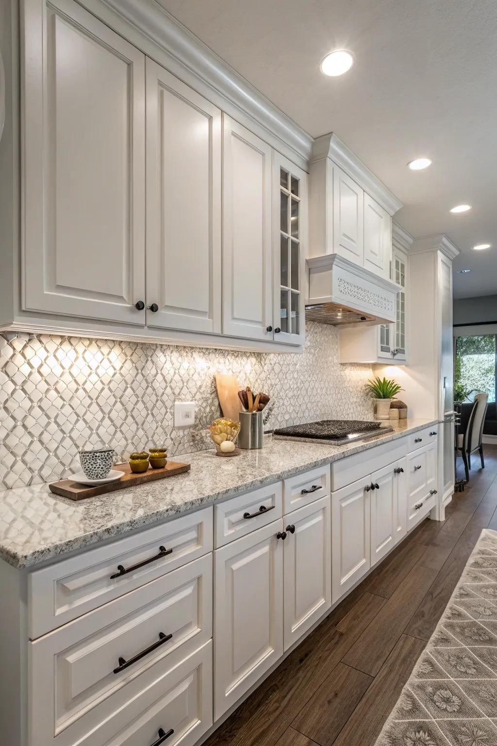 Elevated modules fabricate a captivating and textured visual consequence within the cooking area.