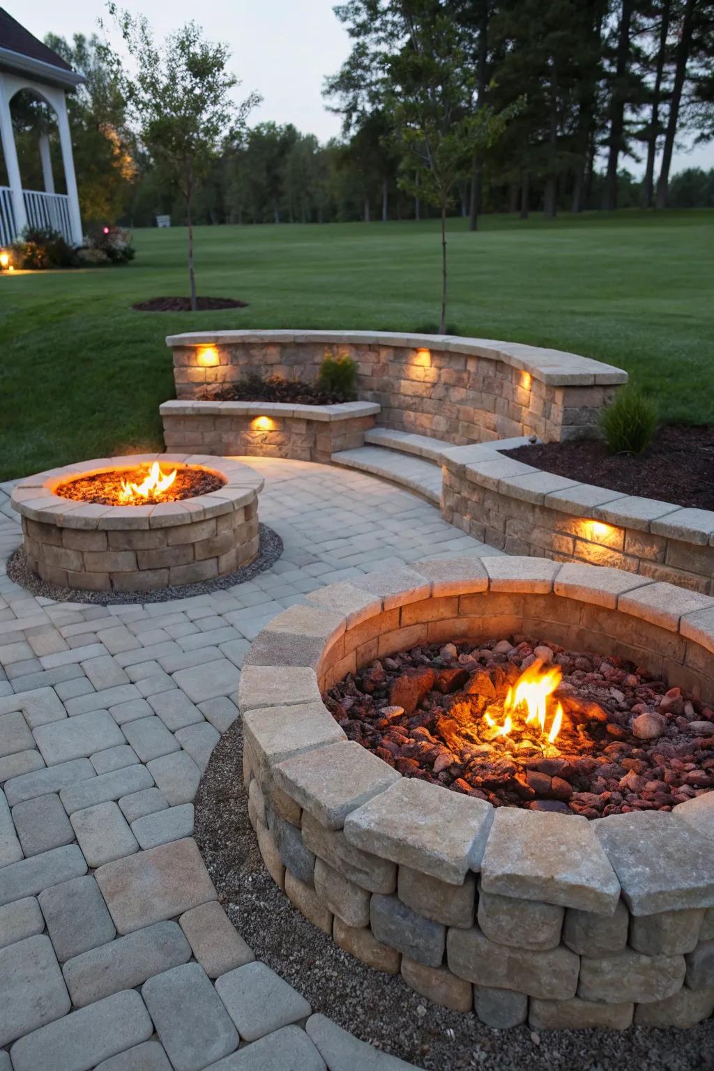 Pebble walls add texture and a cozy feel to the fire pit space.