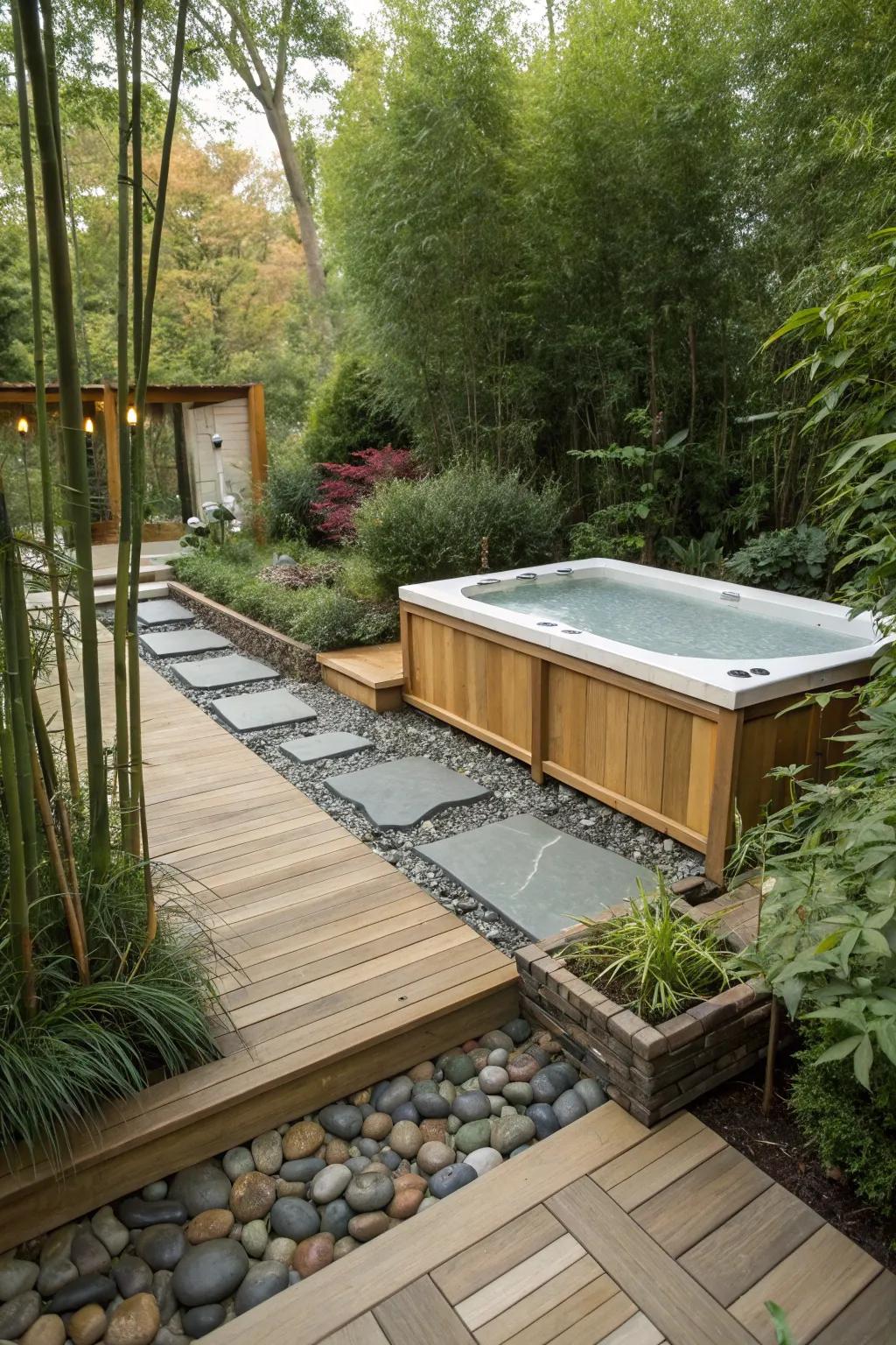 Zen elements bring peace and peace to your swim spa patio.