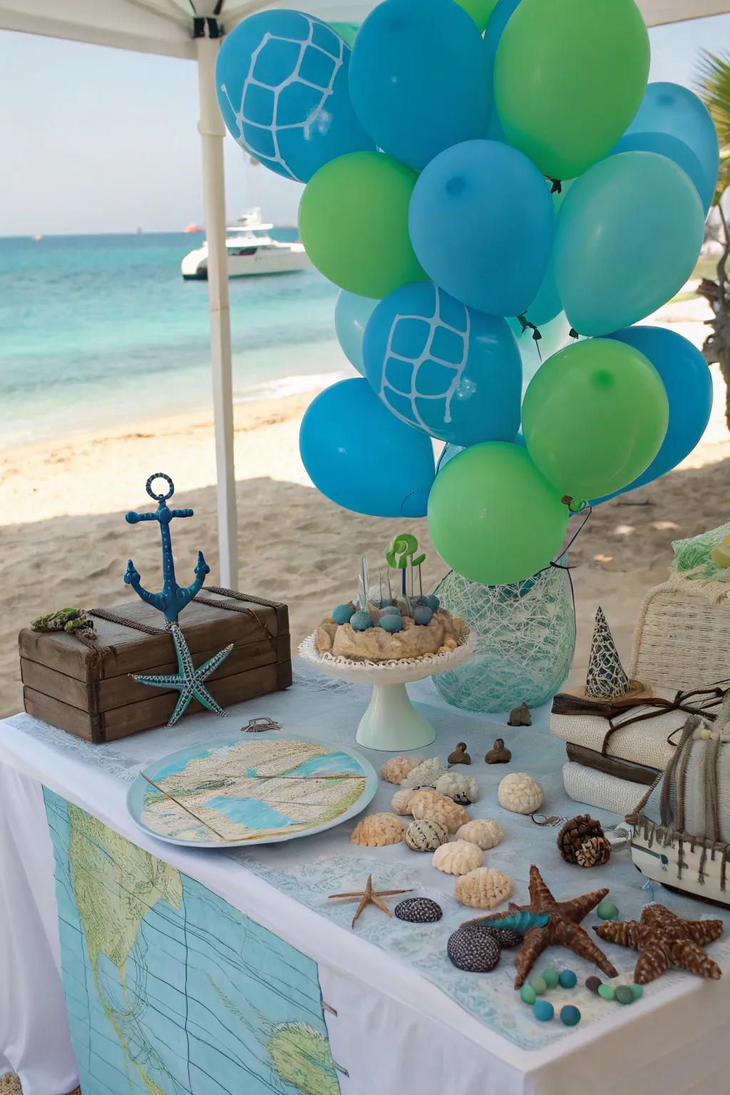 Beneath the sea theme with shades of blue and green balloons.