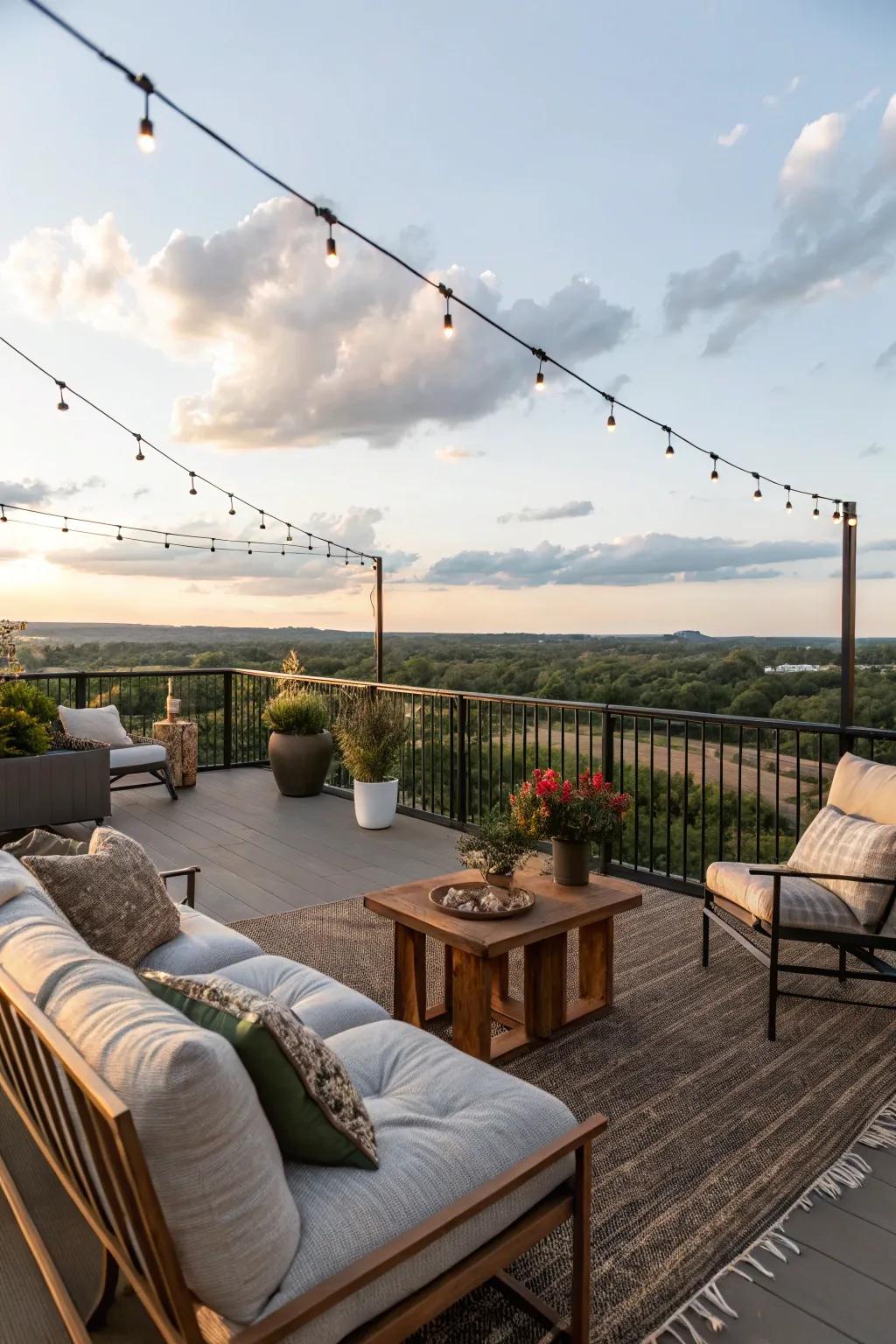 This stunning rooftop patio provides a peaceful escape with expansive views.