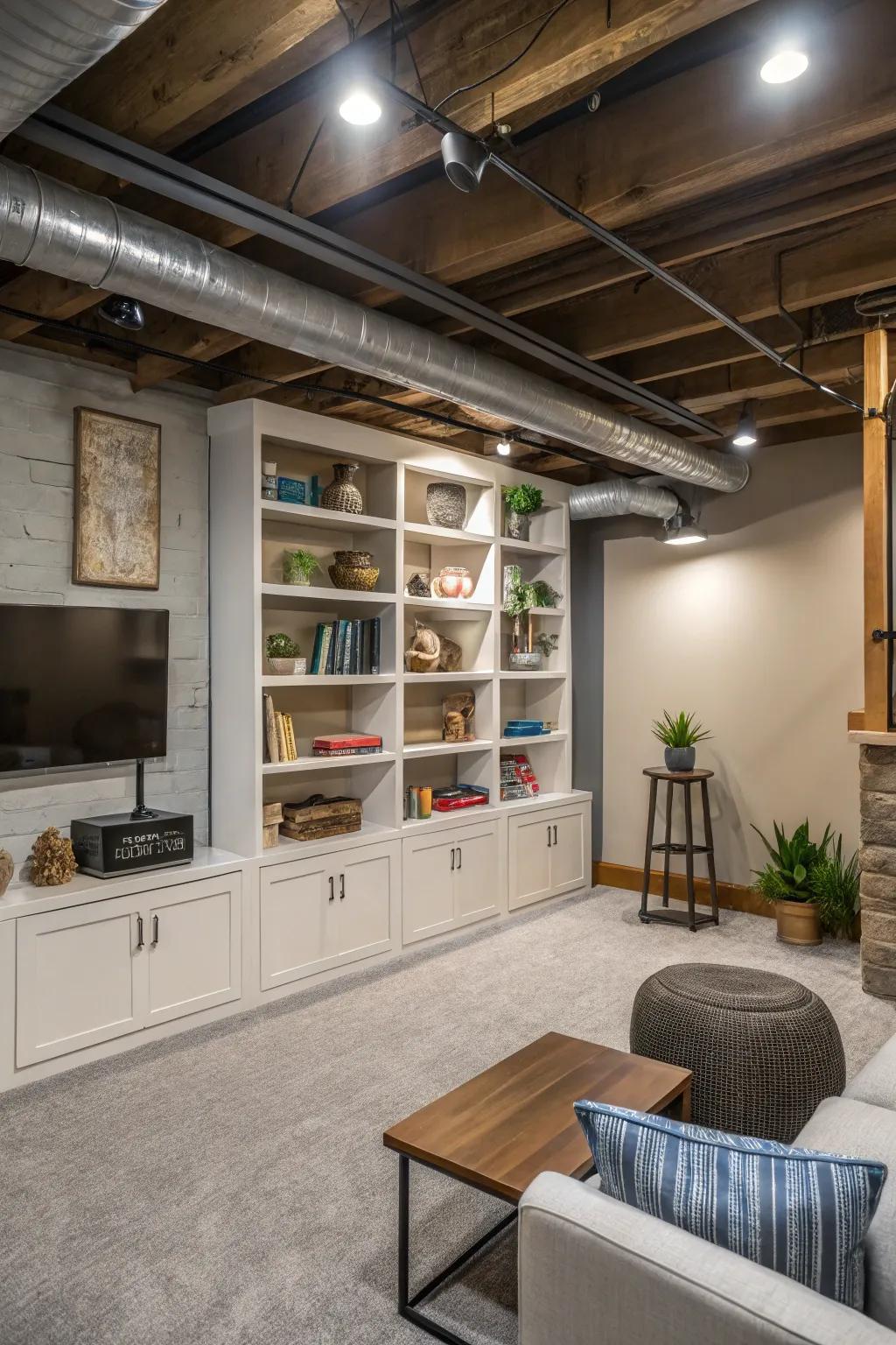 Maximize area and functionality with integrated shelving around ductwork.