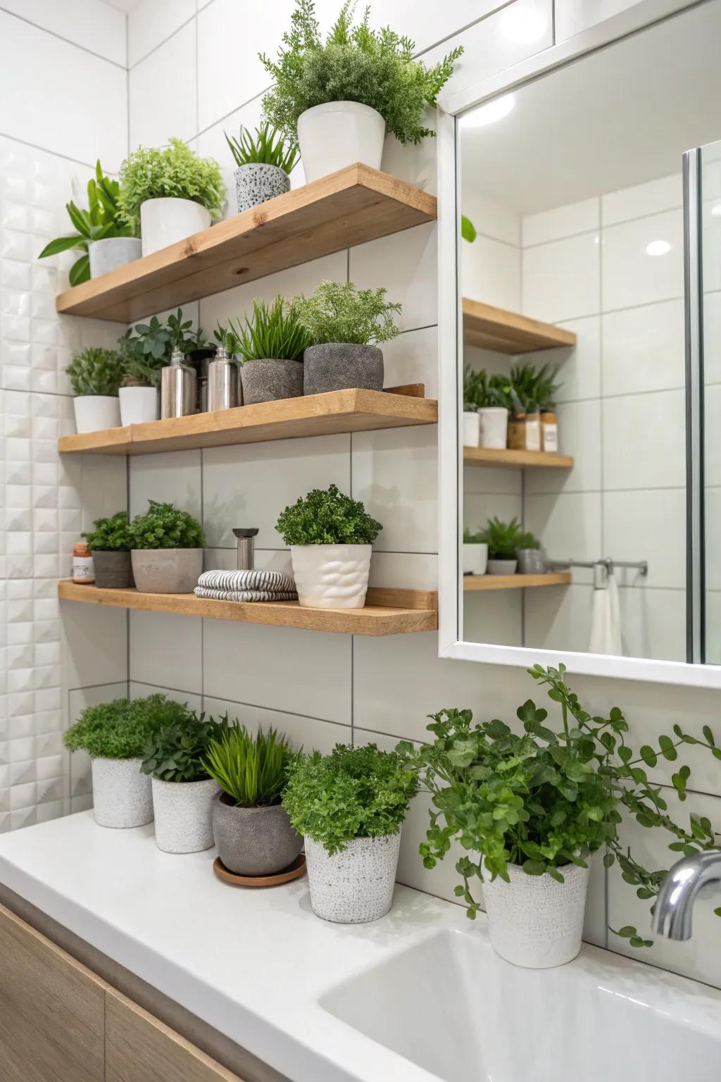 Small potted plants bringing a fresh touch to bathroom shelves.